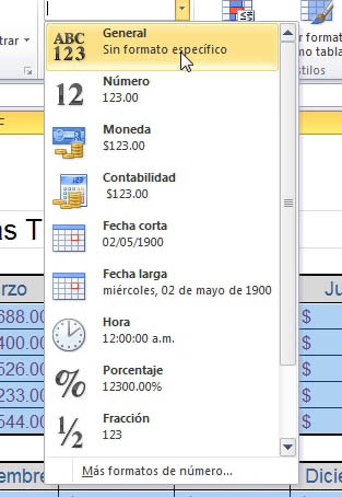 Mostrando la lista de formato numérico Excel 2010